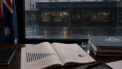 Australian government statistics report beside a dark tobacconist storefront
