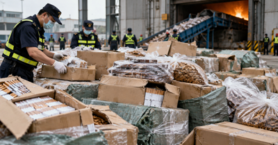 Confiscated tobacco shipments in a Chinese customs inspection warehouse.