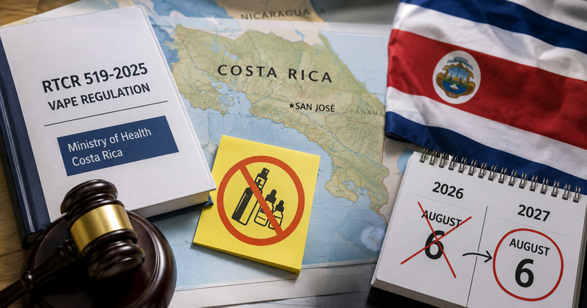 Costa Rican flag beside regulatory documents representing delayed vape flavor rules