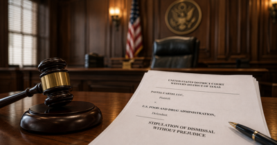 Closed federal court case file beside scales of justice, representing the dismissed Esco Bar lawsuit against the FDA.