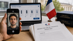 Smartphone selfie age check beside a French online shopping screen and government documents
