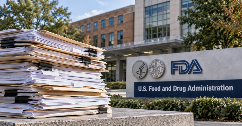FDA headquarters with stacks of regulatory application documents in the foreground