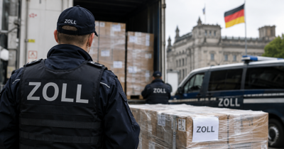 Sealed cargo pallets in a warehouse with a German flag beside the loading bay.