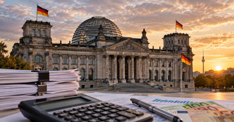 German Bundestag building with tax documents, a calculator, and euro banknotes in the foreground.