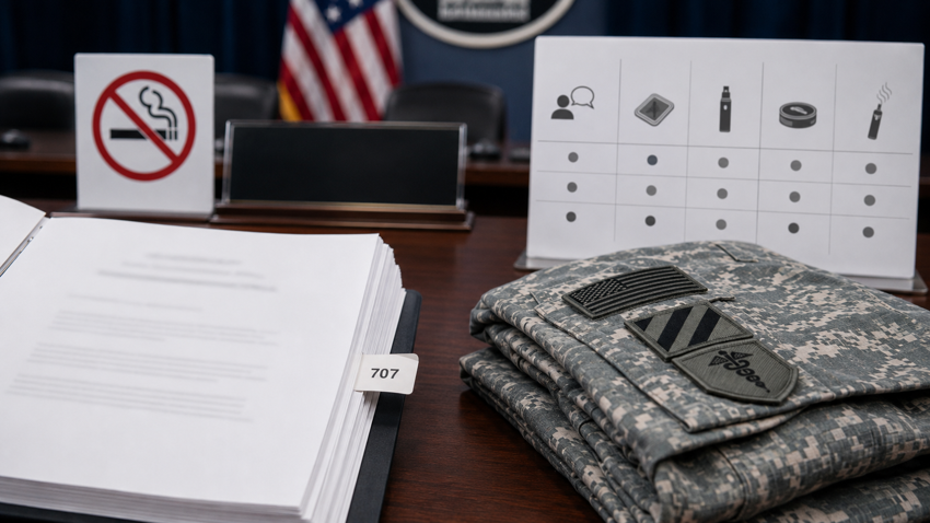 Defense authorization bill and military uniform beside a no-smoking policy chart.