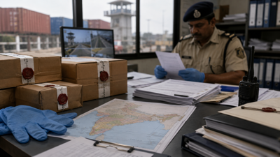 Indian customs officers inspecting sealed evidence boxes beside government documents and a map of India.