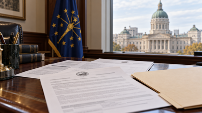 Official Indiana tobacco commission notices on a desk beside the Indiana state flag.