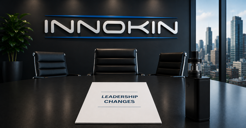 Modern corporate boardroom with the Innokin logo, a "Leadership Changes" document on the desk, and an unbranded vape device.