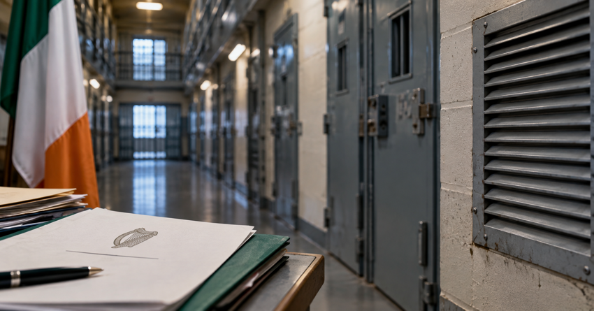 Secure prison corridor with ventilation grilles and Irish government documents in the foreground