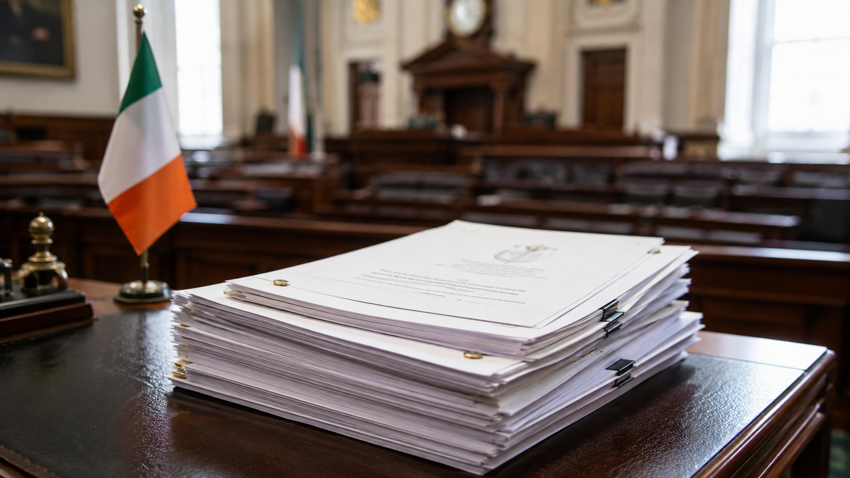 Irish government documents on a desk with a blurred parliament chamber in the background