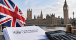 Calculator, tax paperwork, and an October 2026 calendar on a desk with a blurred Union flag in the background.
