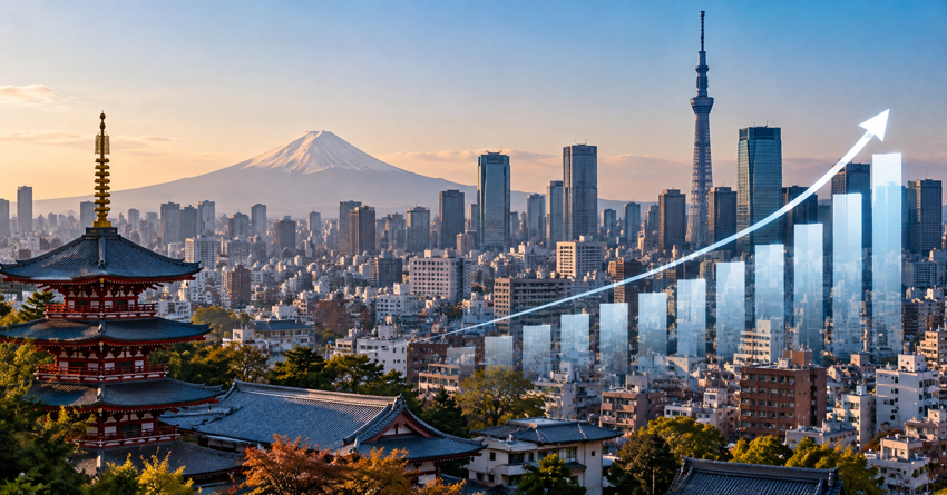 Tokyo skyline with stylized tobacco market data graphics representing Japan’s shift from cigarettes to heated tobacco