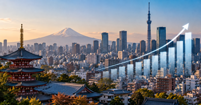 Tokyo skyline with stylized tobacco market data graphics representing Japan’s shift from cigarettes to heated tobacco