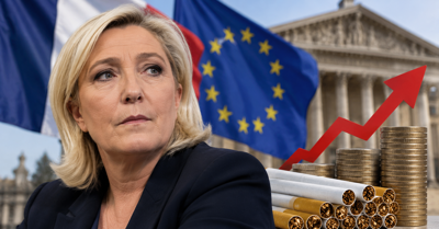 Marine Le Pen with French and EU flags, cigarettes, stacked coins, and a rising tax arrow symbolizing France’s tobacco tax debate.