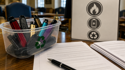 Used vape devices in a clear recycling container beside council papers and a fire-safety notice