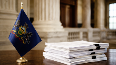 Pennsylvania state flag beside federal court papers concerning a vaping-product directory law.