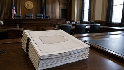 Federal courthouse interior with a Pennsylvania map and legal documents on a desk