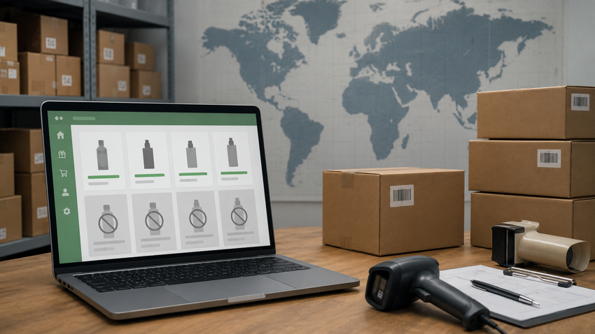 A Shopify-style online store dashboard showing product listings disabled beside a world map and shipping boxes.