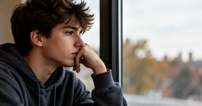 Thoughtful teenage boy looking out a window, illustrating research into youth vaping and projected lifetime mortality.