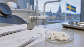 Dental mirror beside an unbranded nicotine pouch and Swedish oral-health study documents.