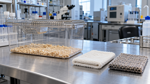 Empty laboratory mouse enclosure with fabric samples on a research bench, illustrating studies of thirdhand vaping exposure.