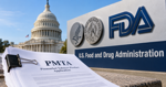 PMTA documents on a desk with the FDA headquarters building in the background
