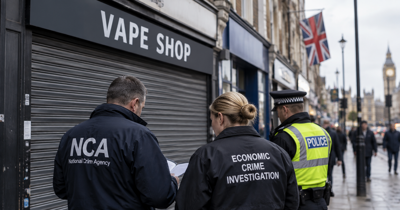 British high street with a closed vape shop as police investigate financial crime