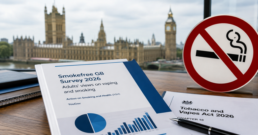 A UK public health survey report and Tobacco and Vapes Act document on a desk beside a no-smoking sign, with Parliament blurred in the background