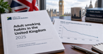 UK government statistics report and declining smoking trend chart, with a British flag in the background.