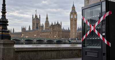 UK government building with a vending machine, illustrating new restrictions on vaping and nicotine product sales.