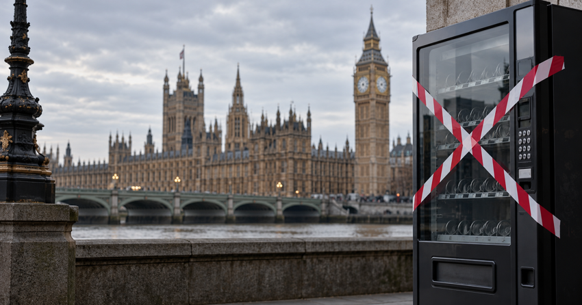 UK government building with a vending machine, illustrating new restrictions on vaping and nicotine product sales.