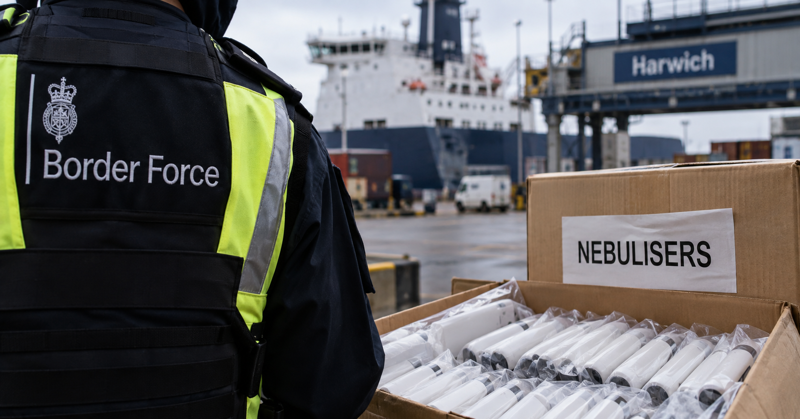 Shipping containers and customs paperwork at a British port with medical-equipment labels under inspection