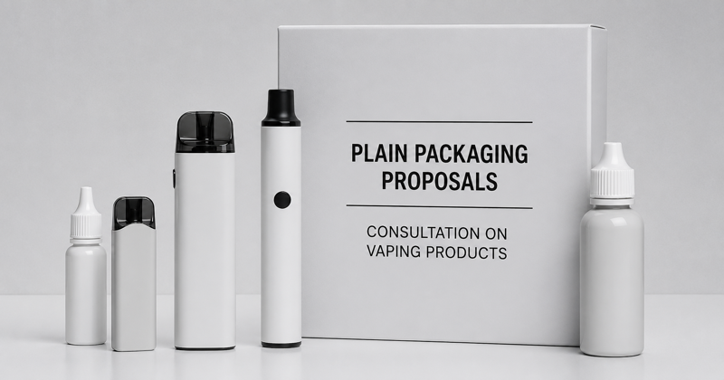 Plain white vape devices and bottles beside a box labeled “Plain Packaging Proposals” for a vaping products consultation.