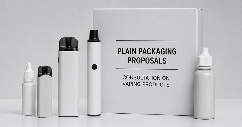 Plain white vape devices and bottles beside a box labeled “Plain Packaging Proposals” for a vaping products consultation.
