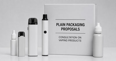 Plain white vape devices and bottles beside a box labeled “Plain Packaging Proposals” for a vaping products consultation.