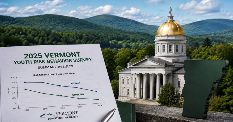 Vermont map beside a printed youth health survey and a downward-trending chart