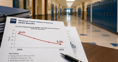 Federal youth tobacco survey pages showing a steep downward trend beside an empty school hallway